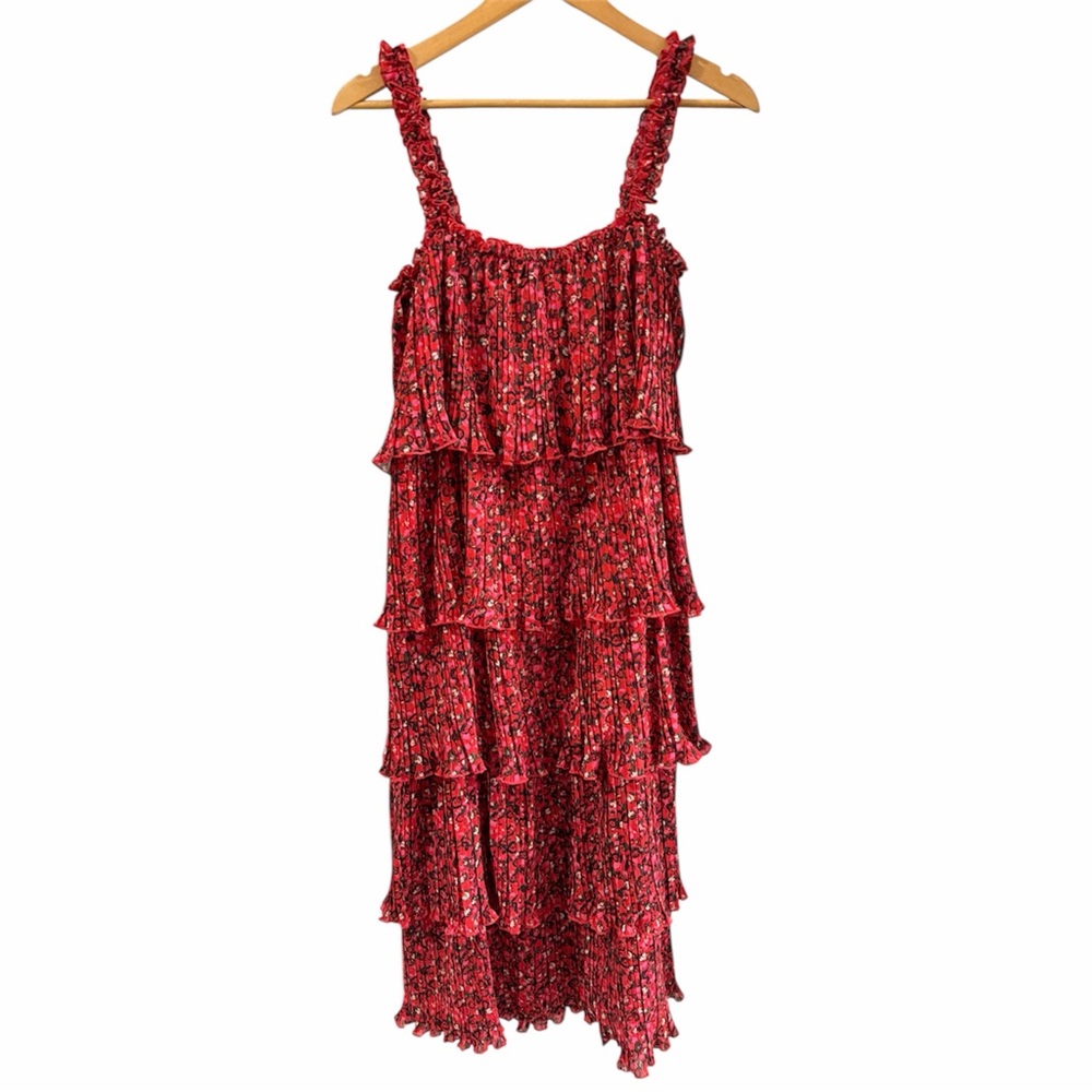GANNI Pleated Raffled Georgette Flounce Strap, Red Floral Midi Dress Size 36 (S) - Picture 3 of 10